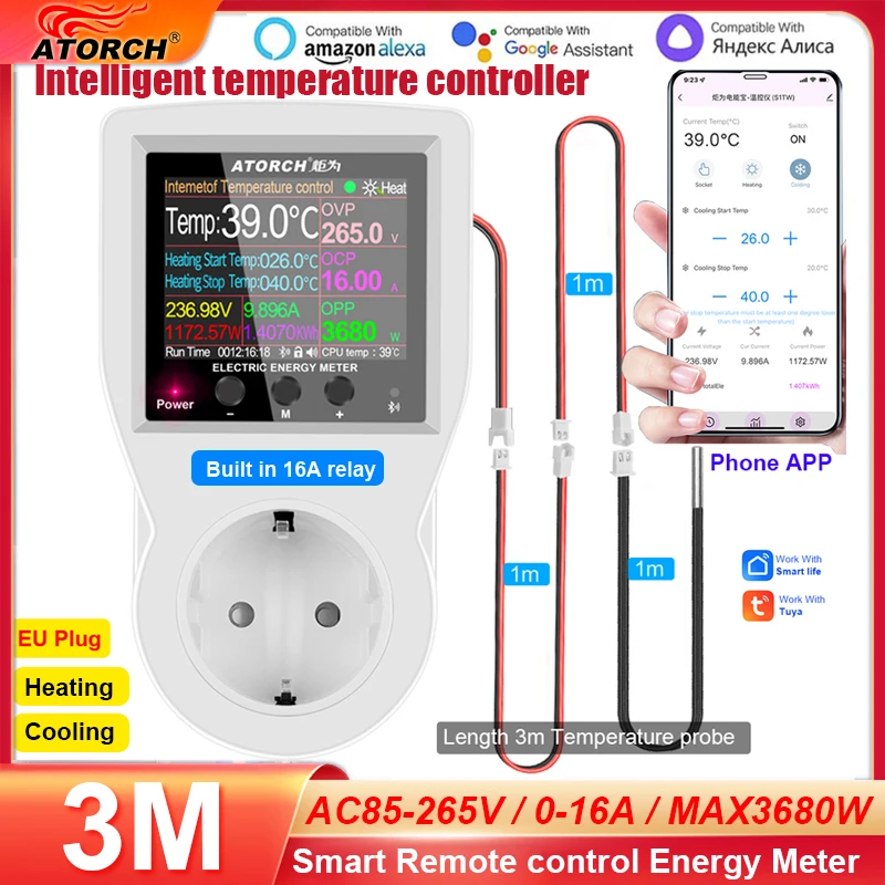 Tuya Wifi Termostato Digital Soquete Incubadora Ac220v Controlador de Temperatura com Interruptor Temporizador Refrigeração Aquecimento 3m Sensor Ntc 16a