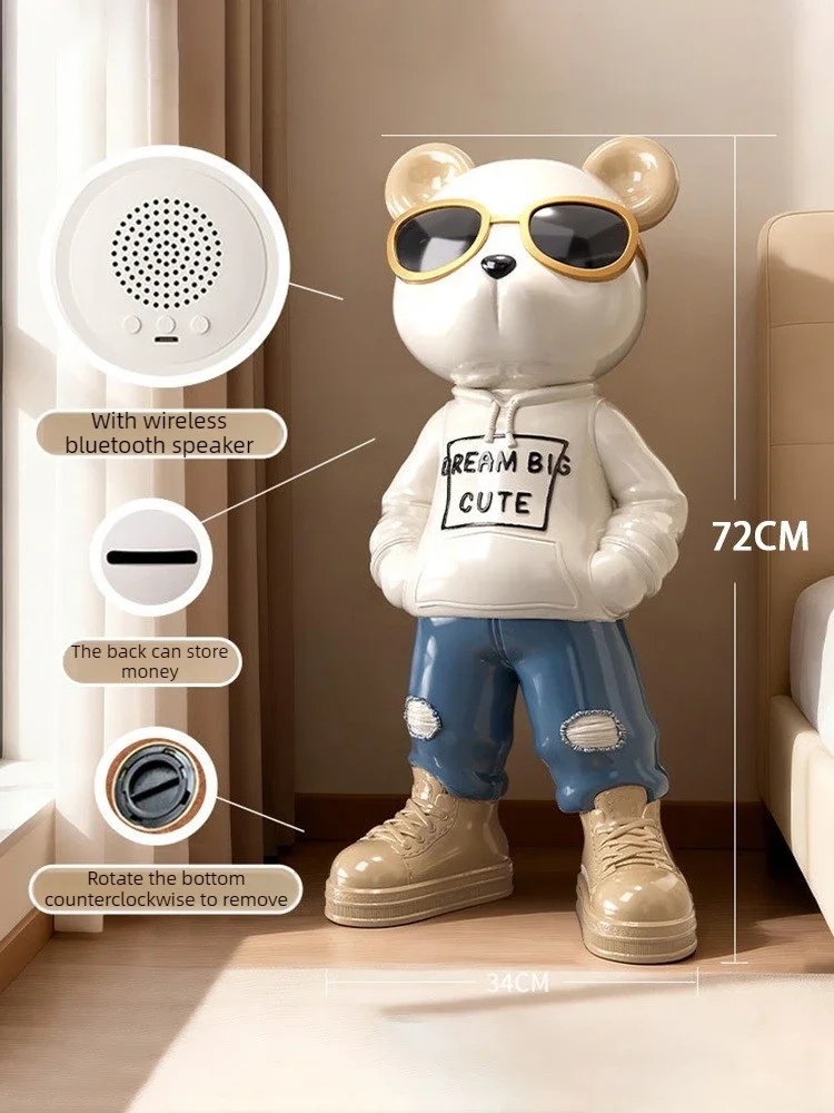Creative Cartoon Bear Statue Piggy Bank With Bluetooth Speaker Figurine Living Room Luxury Modern Animal Sculpture Ornaments