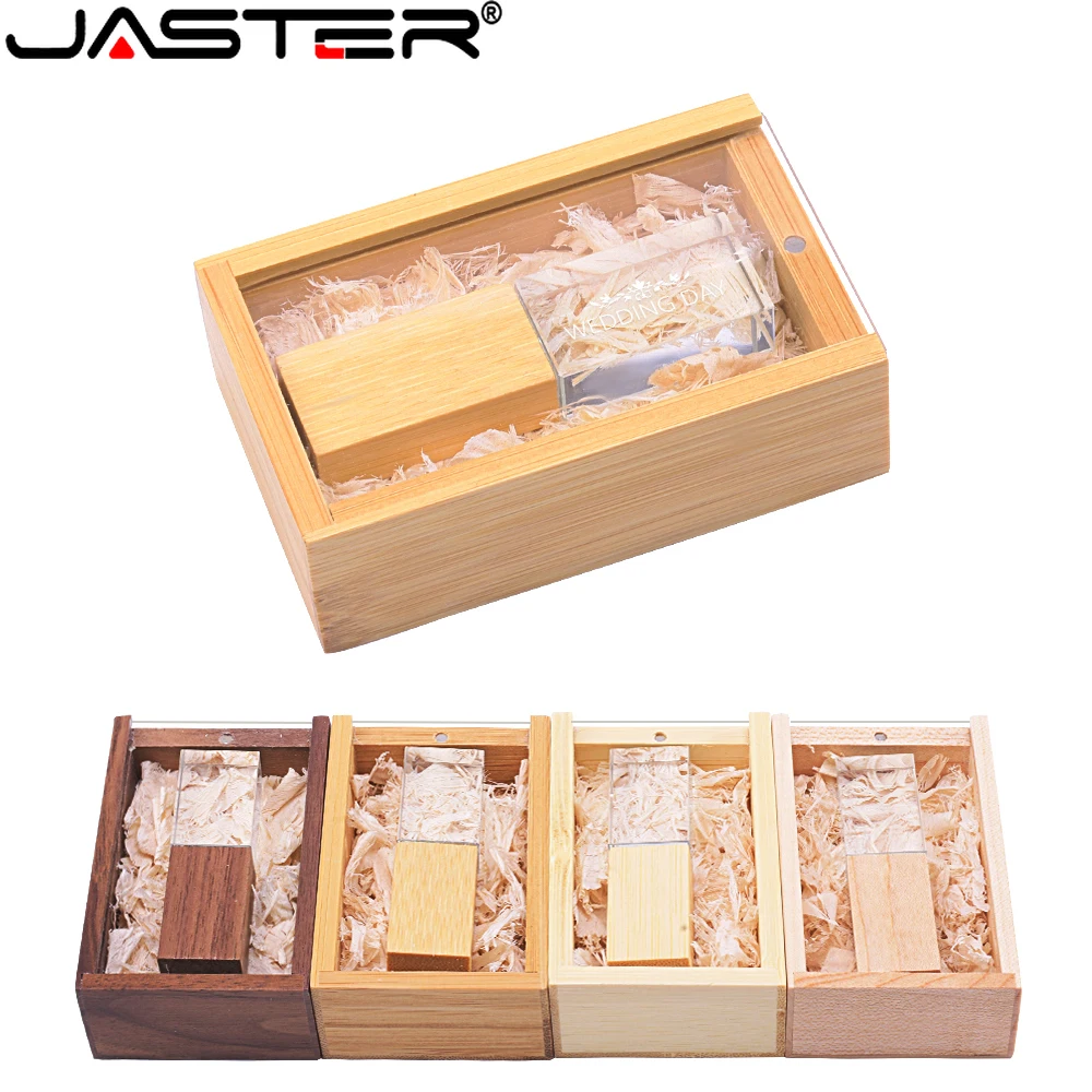 New Arrival Clear Cover Sliding Box Maple Wood Crystal USB Flash Drive 128GB Free Custom Logo Pen Drive Creative Wedding Gift