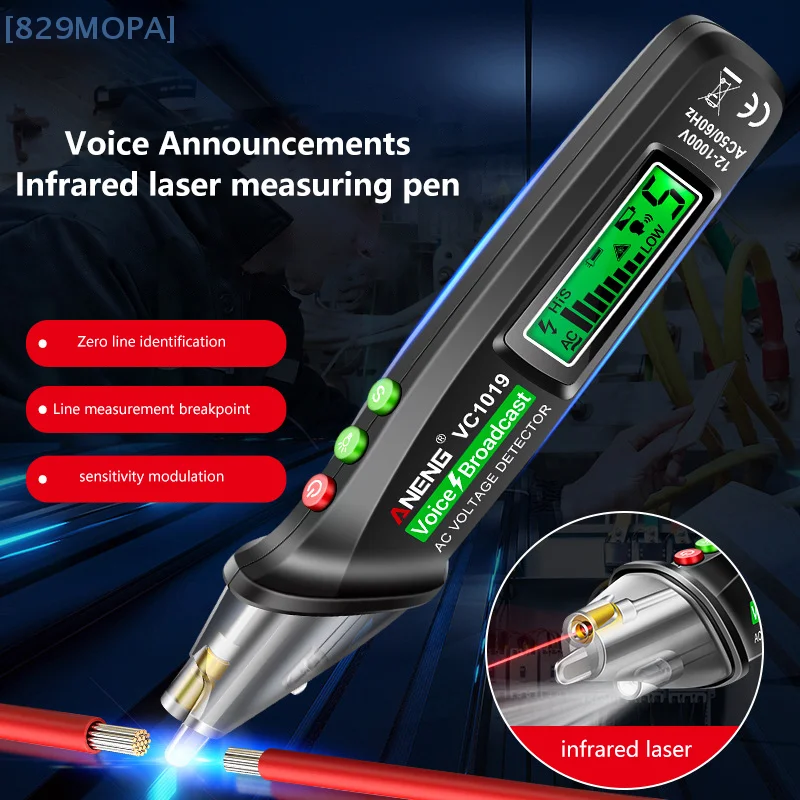 

ANENG VC1019 Non-Contact Voltage Tester Pen Voice Broadcast Red Laser Detect 12-1000V Volt Current Pen Electric Test Meter Tools