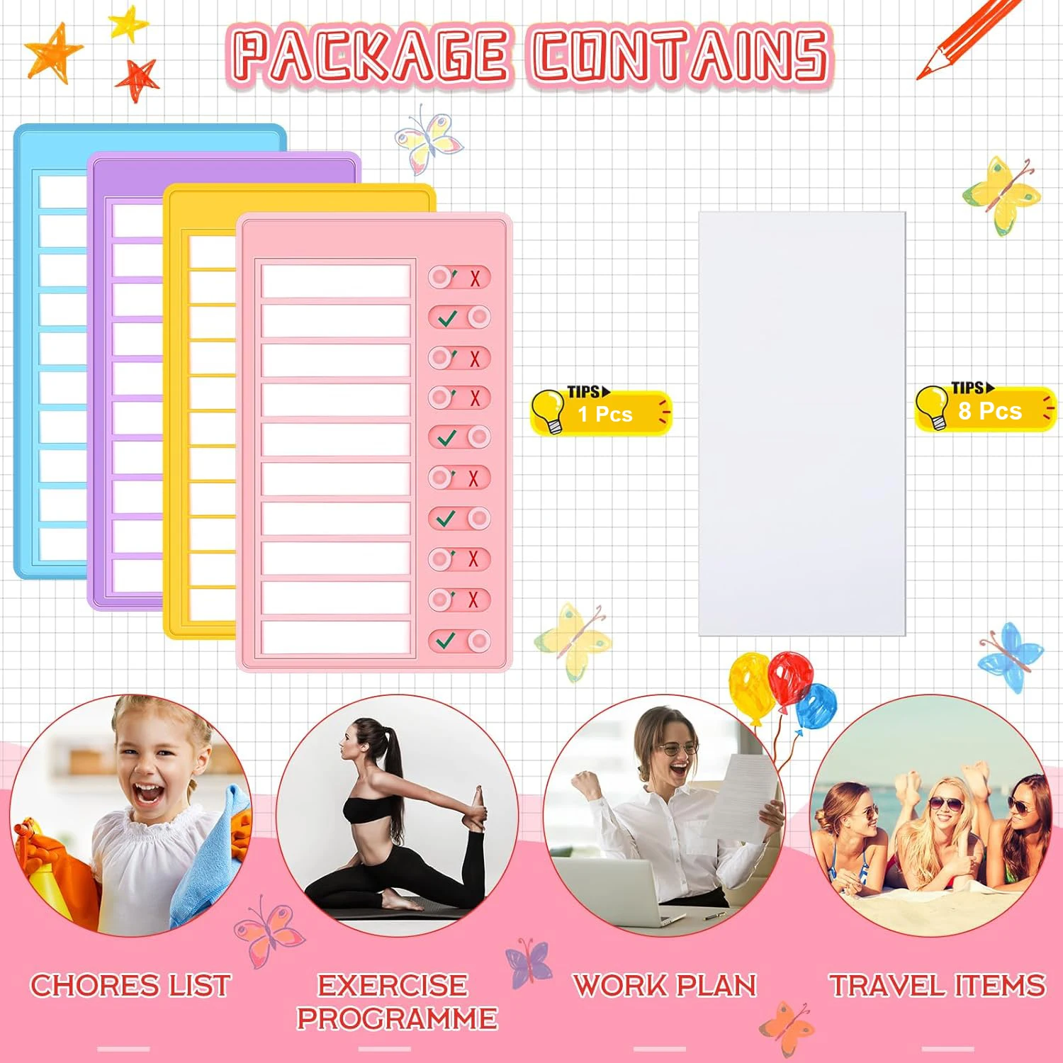 1 Pcs Blank Chore Chart Kids Chore Chart, Plastic Checklist Board with 8 Detachable Cardstock to Do List