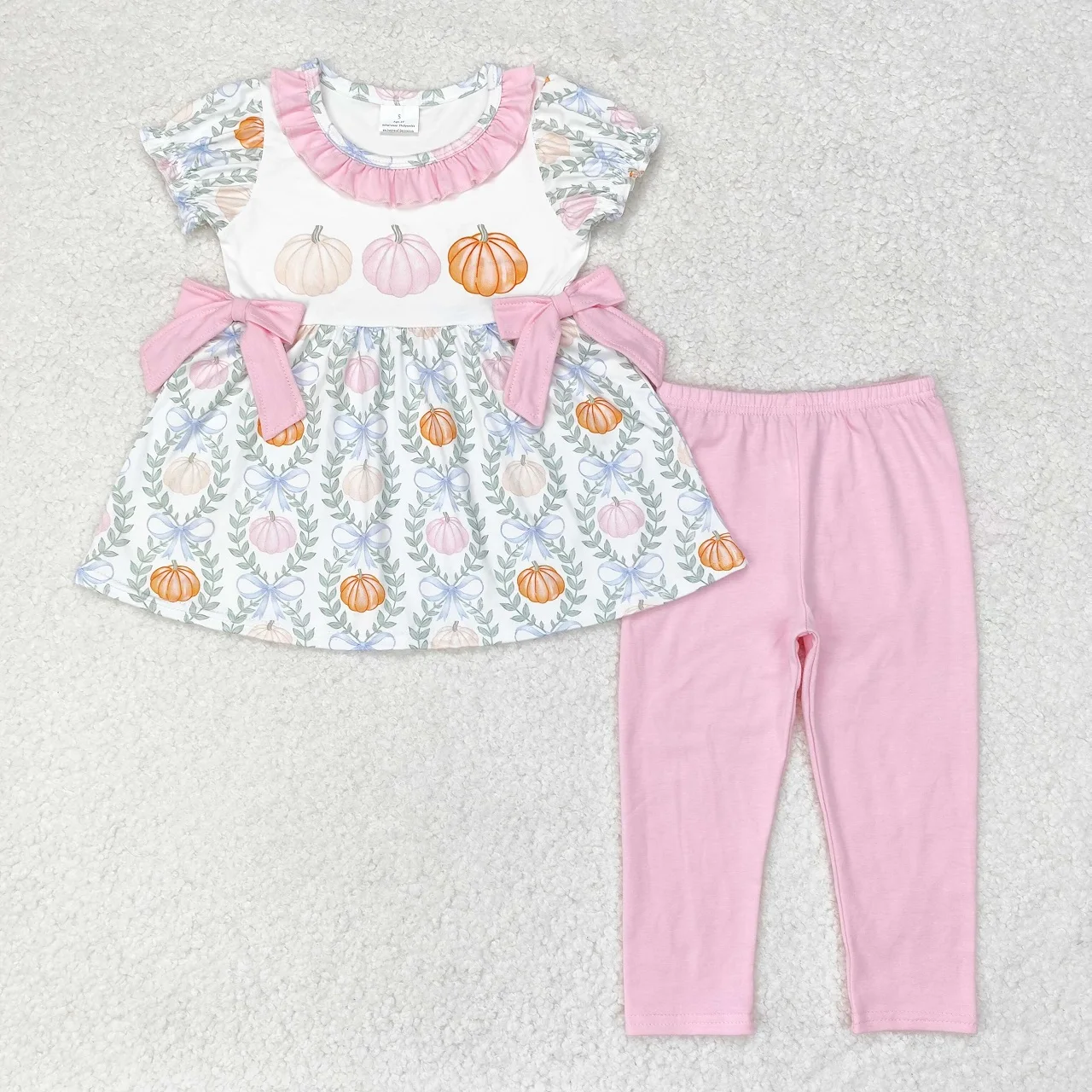 

Wholesale Kids Thanksgiving Outfit Baby Girl Short Sleeves Pumpkin Bows Tops Set Toddler Children Legging Cotton Pink Pants