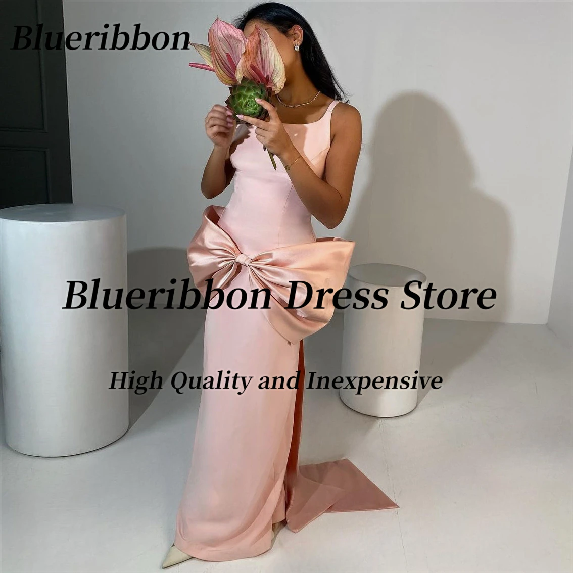 

Blueribbon Side Slit Dresses for Prom Scoop Neck Sleeveless Evening Party Gowns with Big Bow Wedding Reception Dress