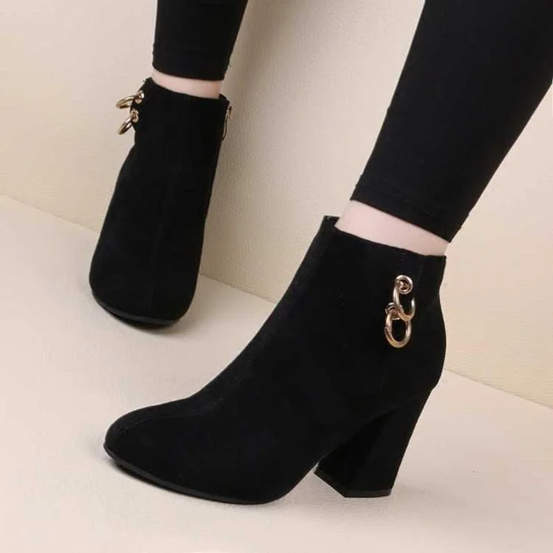 Hot sale Retro Plush Warm Autumn Winter Women\'s Boot Vintage Block Heel Ankle Boots Zipper High Heels Women Shoes Big Sizes 43