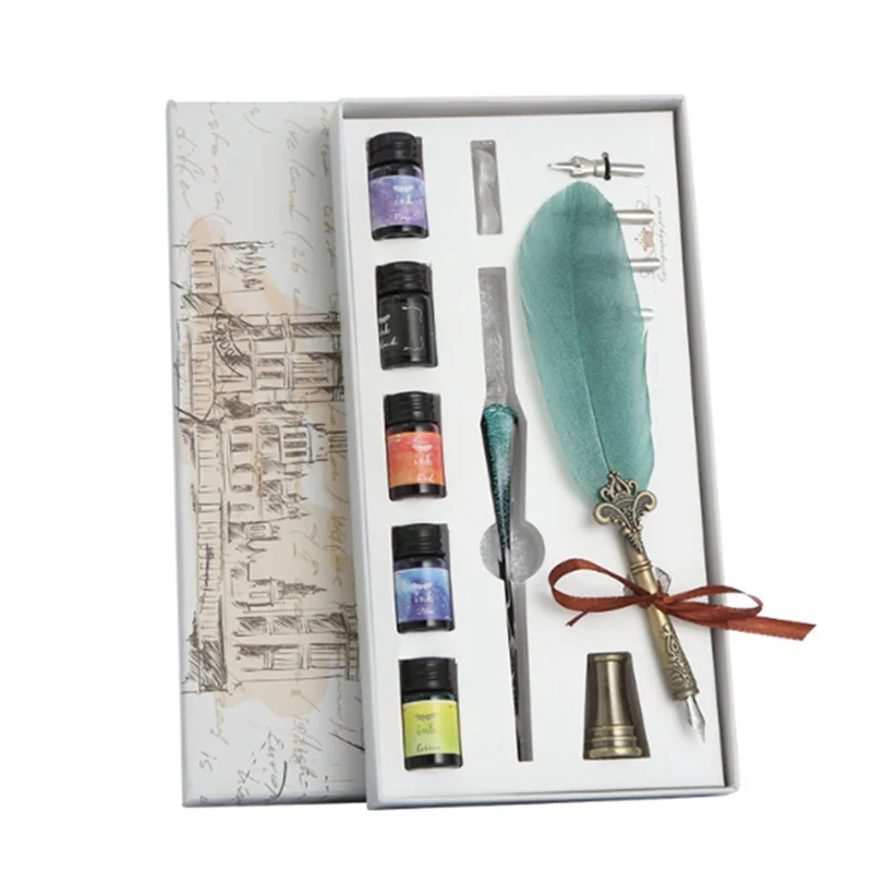 

Highly Recommended-13Pcs Antique Quill Feather Dip Pen Fountain Pen Writing Ink Set Stationery Gift Box With Nib Wedding Gift Qu
