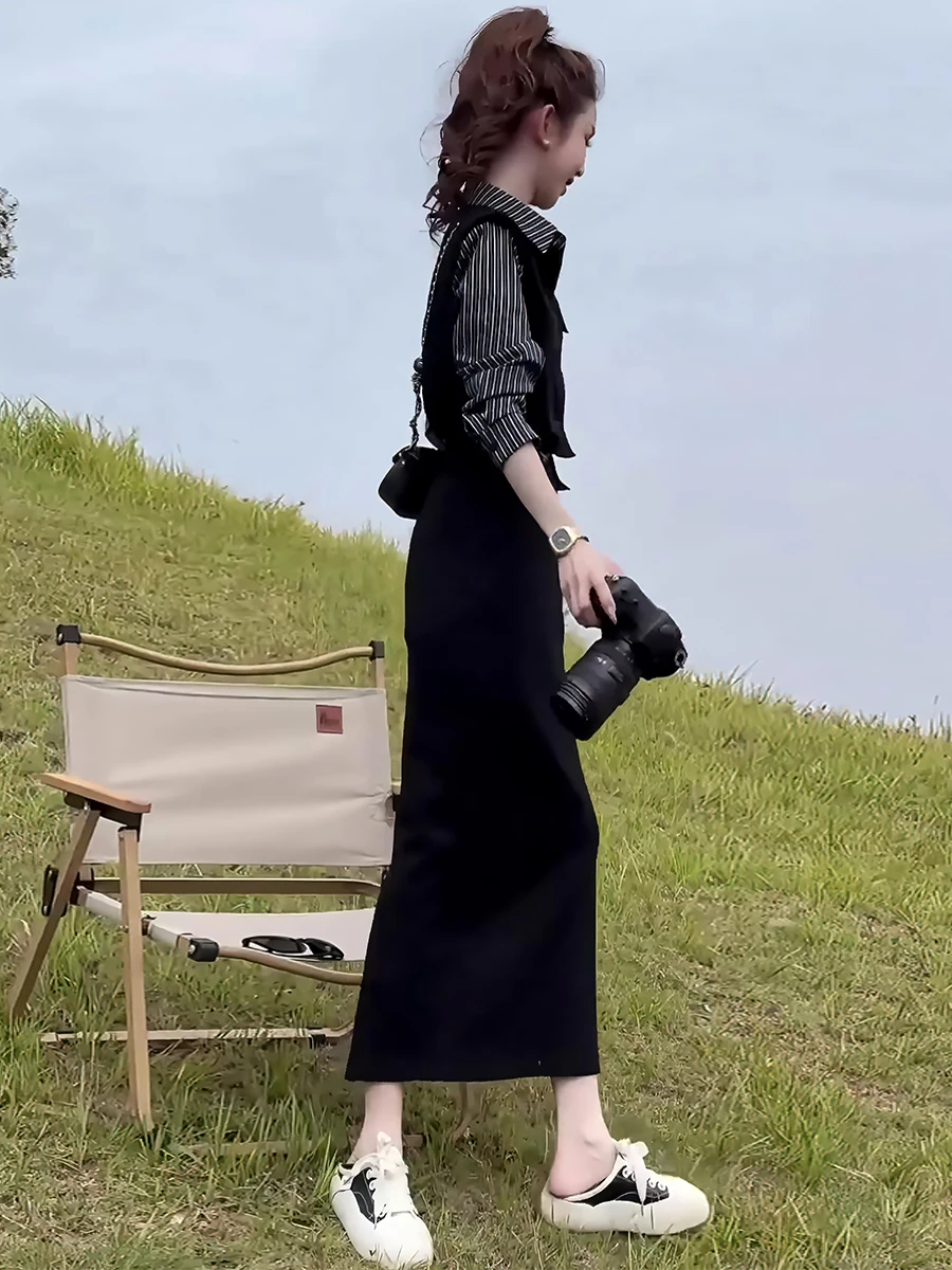 Lente 2025, damesset met hoge taille, gestreept irt-vest en rok, Faion-ontwerp, vals tweedelig pak voor kleine dames