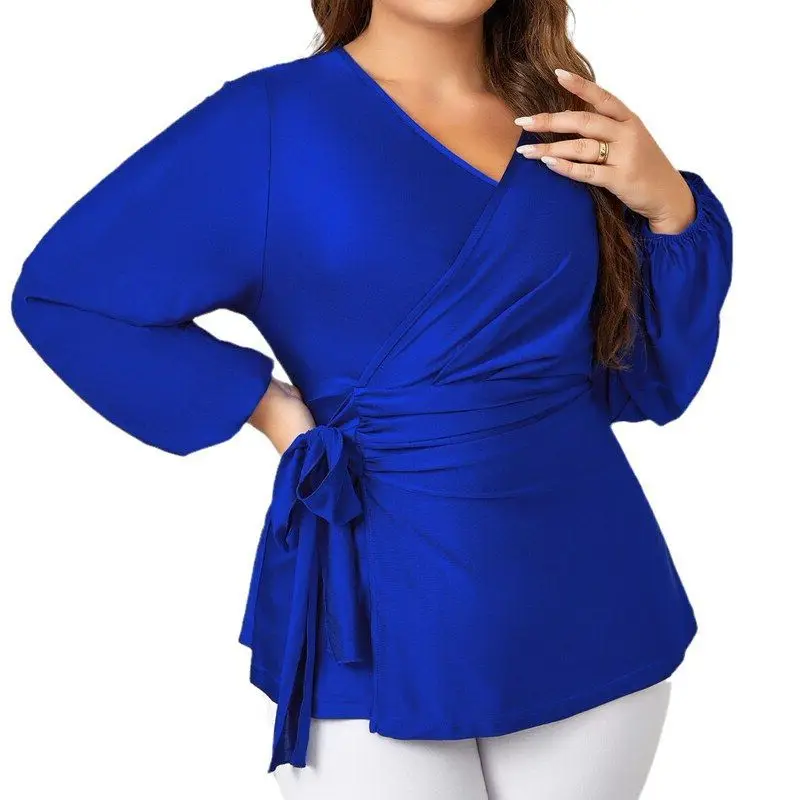 

Faionable V-Ne Belted Long Sve Женская irt Large Size Cleanfit Свободная модель из полиэфирного волокна без раковины Тонкая модель