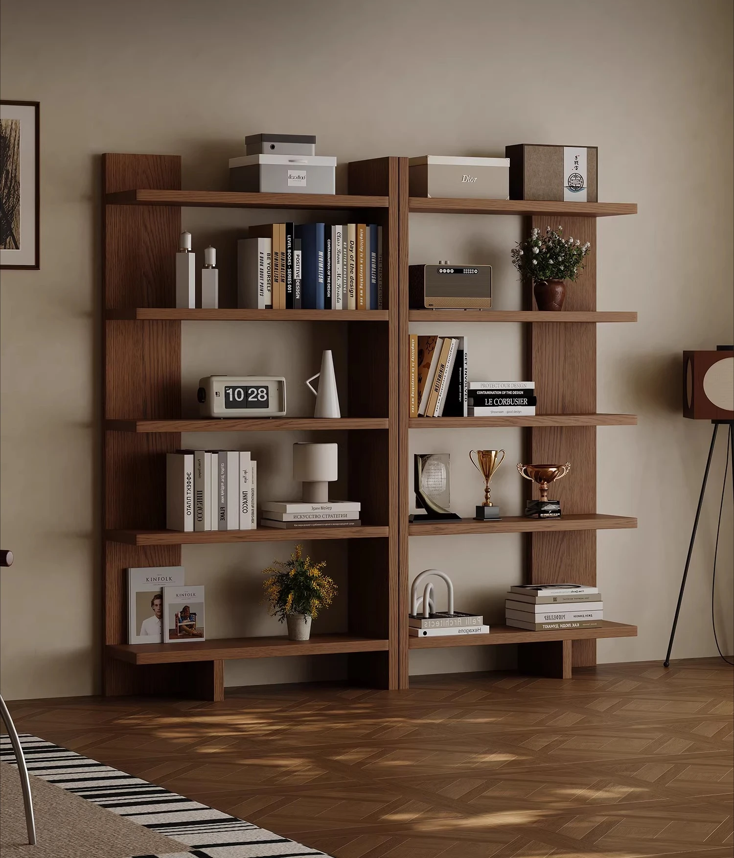 

Medieval solid wood bookshelf walnut display shelf floor-to-ceiling living room bedroom retro bookcase high-end corner cabinet
