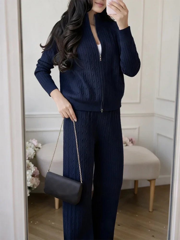 Womens Chic Beige Ribbed Knit Two Piece Set Zip Up Sweater And Wide Leg Pants Fall Winter Daily Lounge Vacation Casual Wear
