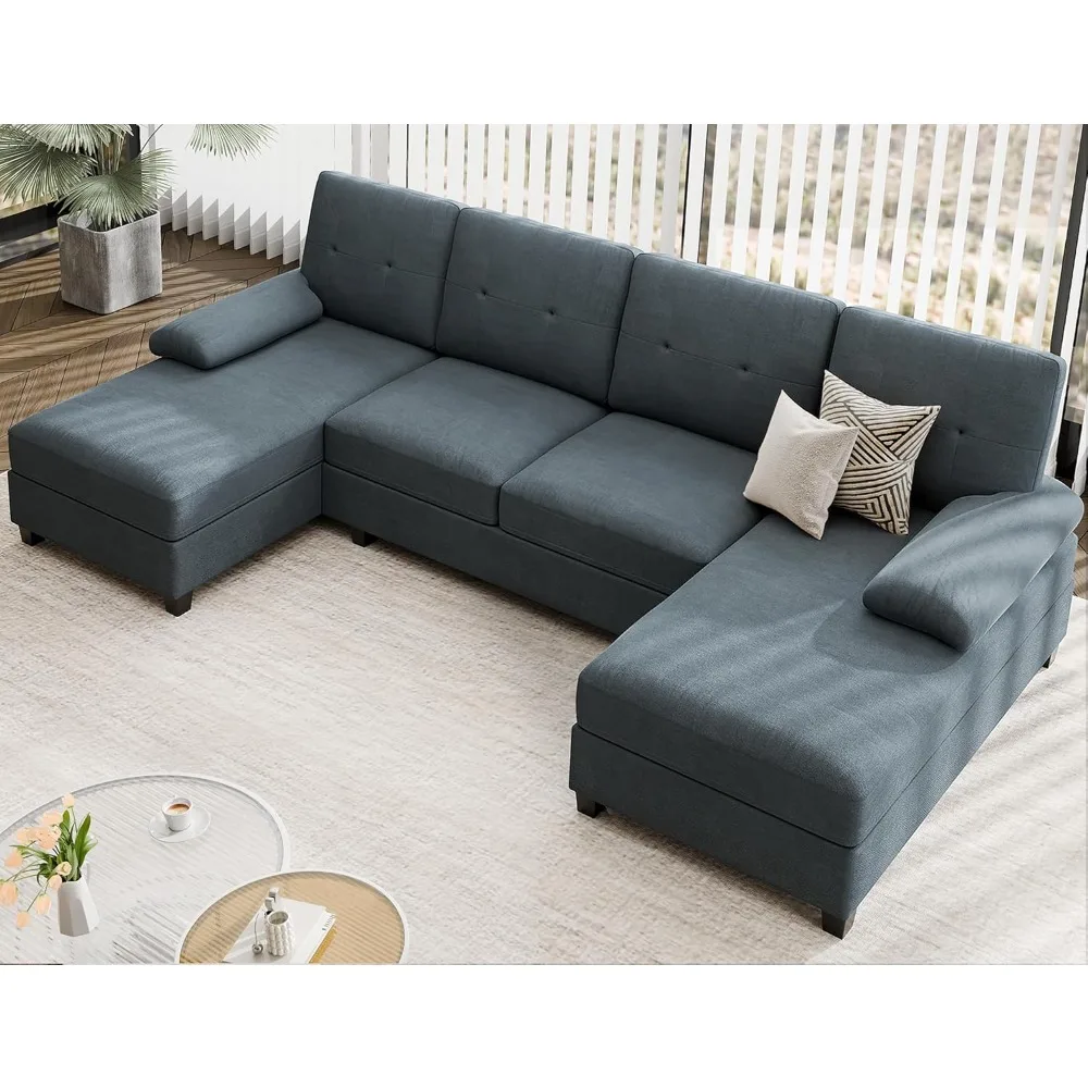 Sectional Sofa, 30”, Linen Fabric, 4-seater U-shaped Sofa with Double Chaise Longue, Weight Capacity 880 Lbs, Modern Sofa