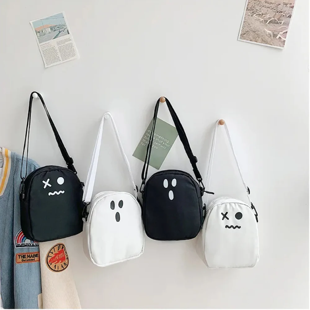 Black White Funny Cute Ghost Kawaii Women Canvas Bag Cartoon Harajuku Chic Ins Shopper Bag Women Shoulder Bags Large Capacity1Pc