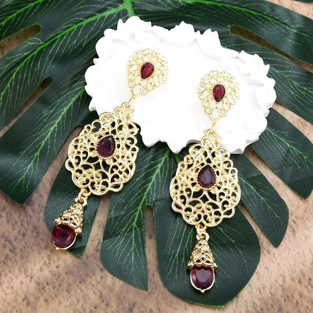 1 Pair Hollow Design Arabic Earrings Crystal Pendant Traditional Style Moroccan Earrings Water Droplet Shape Bridal Earrings