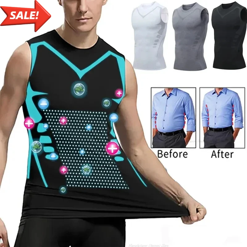 Men's Compression T-Shirts Tank Top Tummy Control Quick-dry Fitness Shirts Ionic Shaping Vest Ice-Silk Slimming Vest Body Shaper