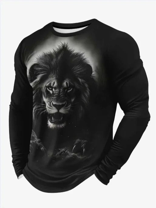 

Spring and Autumn Women's Casual Long Sleeve Round Neck T-shirt Lion Animal 3D Printed Polyester Knitted Fabric