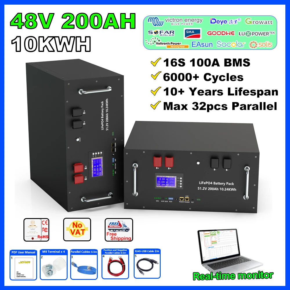 48V 200Ah 10KWh LiFePO4 Battery 150Ah 100Ah 51.2V with RS485 CAN Max 32pcs in Parallel Grade-A Battery for Energy Storage UPS