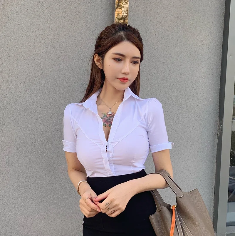 Women\'s White Mini Shirt, V-Neck Shirts, Slim Uniform, Gothic Tops, Sexy Club Blouses, Temperament, New, Summer