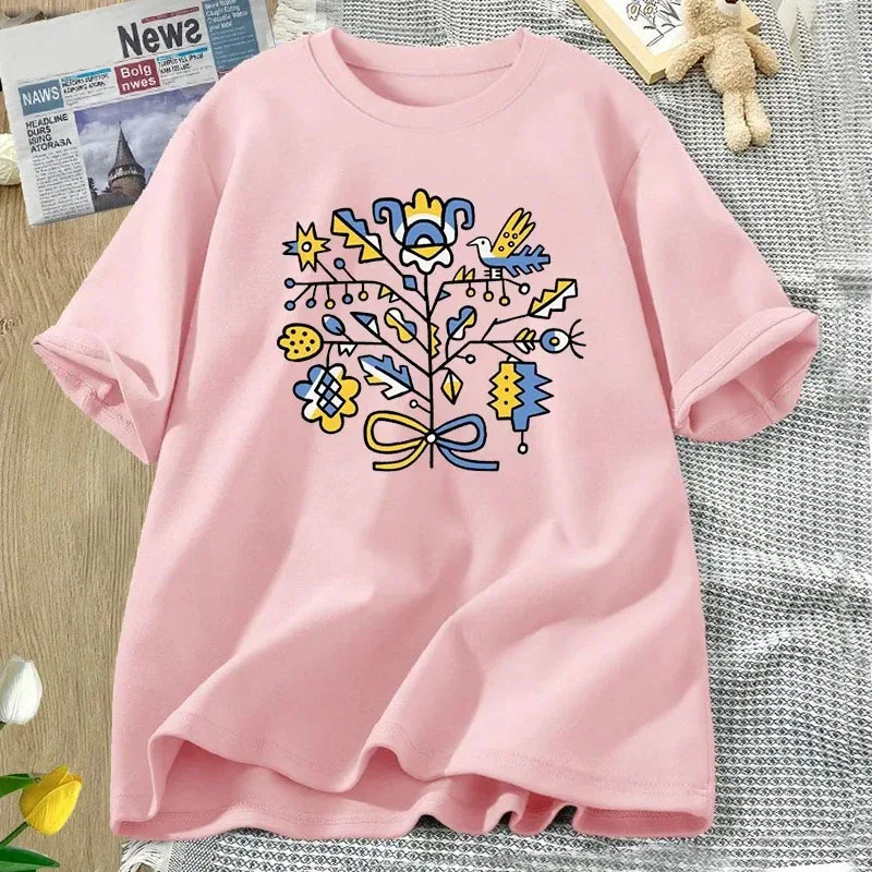 Ukrainian Trident Pattern Printed T-Shirt Summer Cotton Mens and Womens Versatile Tee Casual Loose Women Short-Sleeved O-Collar