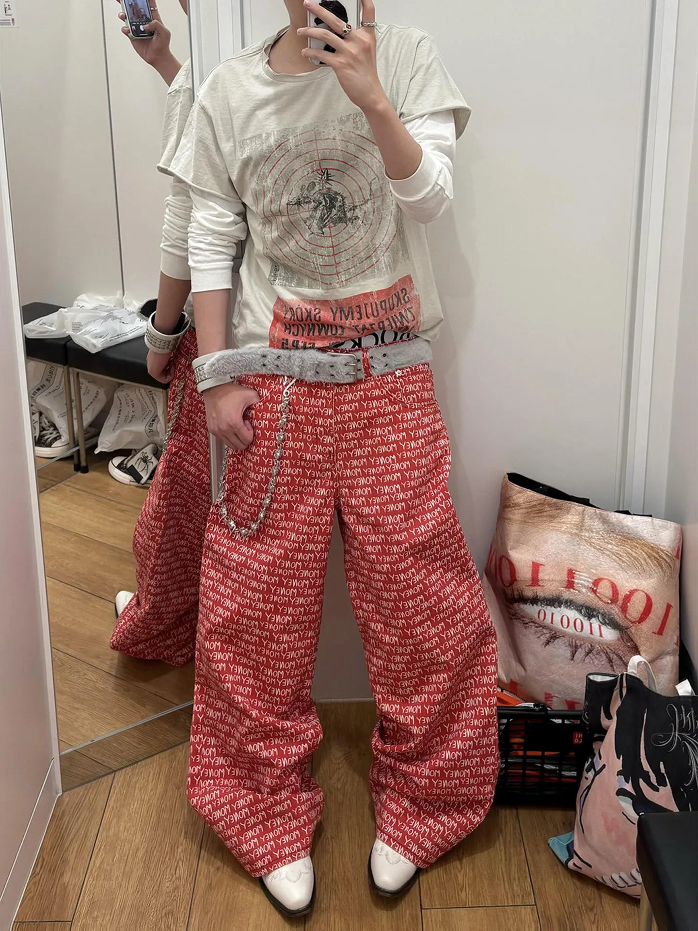 American Retro Straight Leg Digital Print Red Jeans Unisex Street Loose Wide Leg Casual Pants for Men And Women