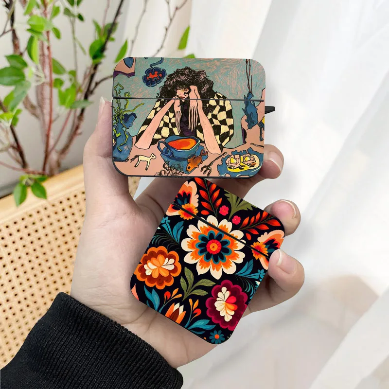 Abstract Art Flower Girl AirPods Case Black Wireless Bluetooth Earphone Case for Apple Airpods 1 2 3 Pro 2 Protective Case