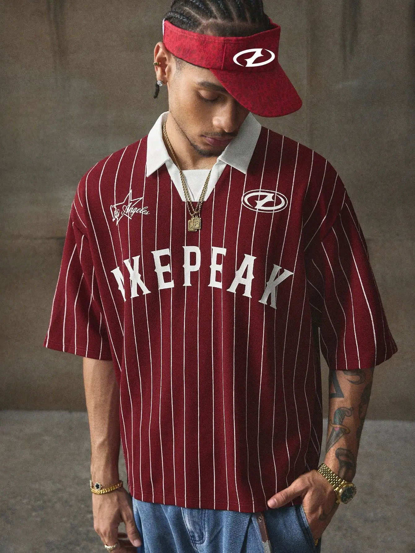 

Maroon Pinstripe Graphic Polo Shirt, Loose Fit, Short Sleeve, Casual Wear