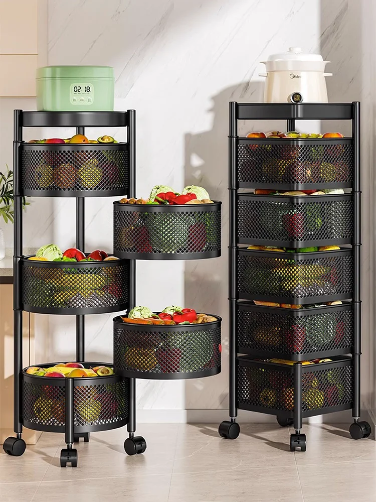 

Kitchen Multi-Functional Rotating Stand Home Use Floor-Mounted Multi-Layer Sna Cart Vegetable Basket Storage Ra