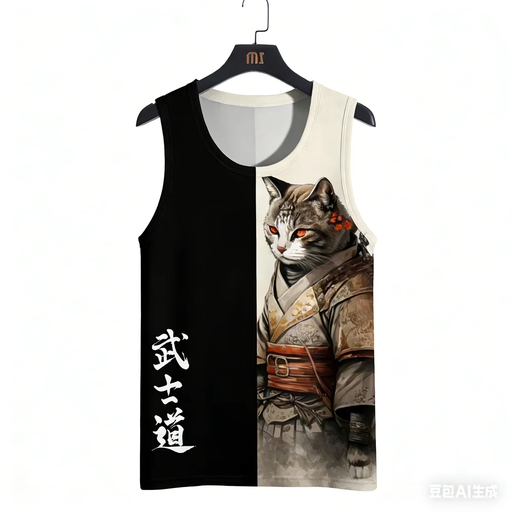 Funny Samurai Cat Pattern Men's Tank Tops Casual O-neck Sleeveless Shirt Hip Hop Trend Gym T-shirts Fashion Breathable Male Vest