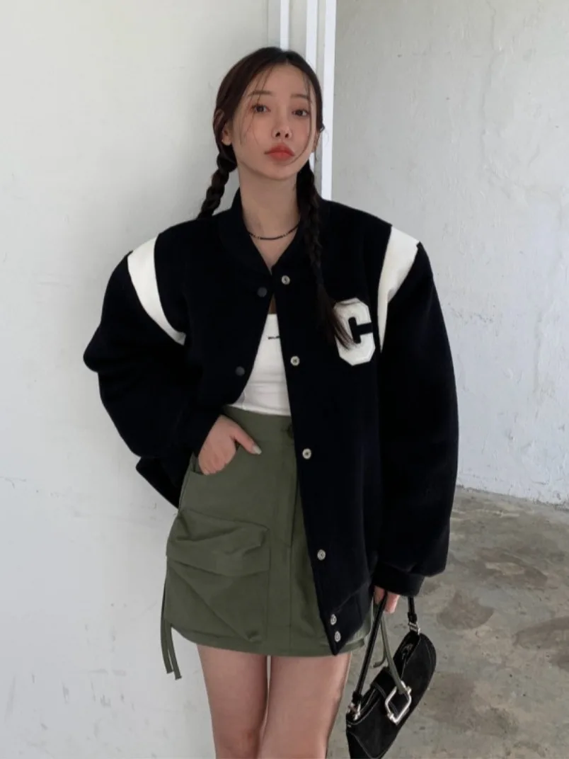 

Women's Baseball Jaet Loose Fit Slimming Embroidered Woolen Coat Stand Collar Spring Autumn Winter Casual Faion Top