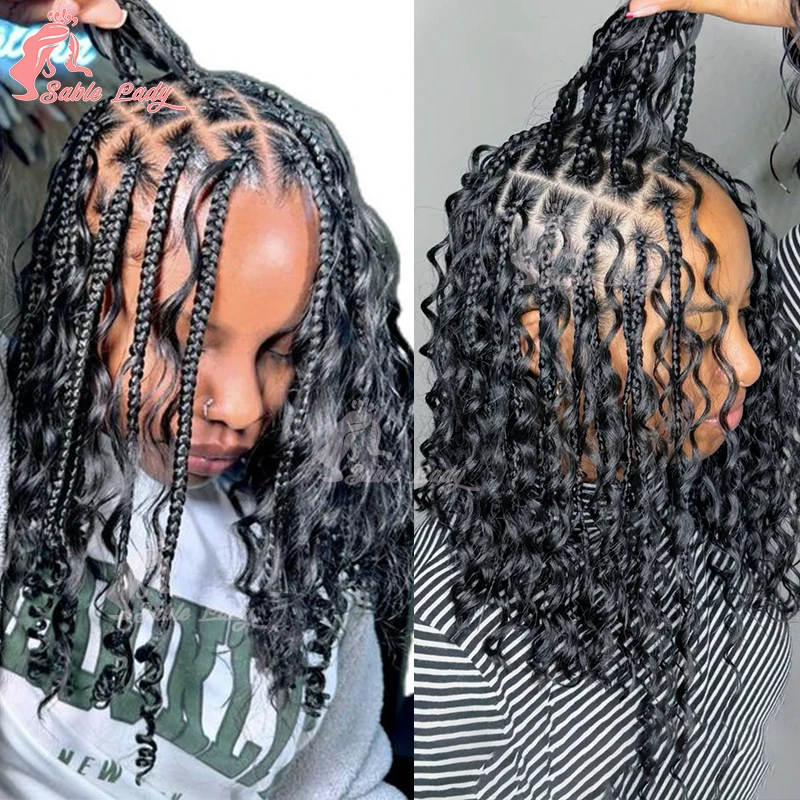 

12" Short Full Lace Boho Braided Wigs Synthetic Bob Curly Cornrow Braiding Hair Goddess Knotless Box Braids Wig for Black Women