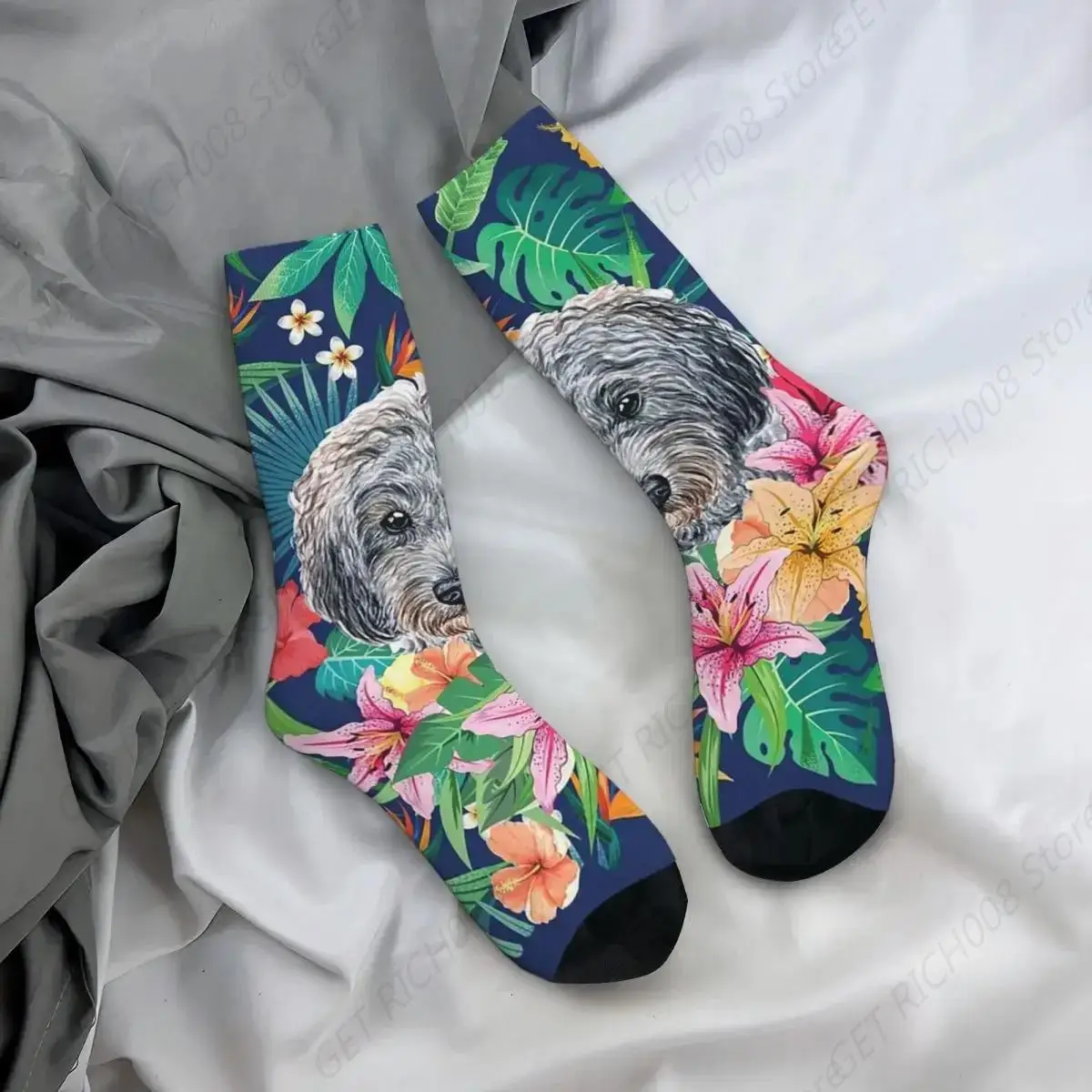 Tropical Gray Silver Toy Poodle 2 Socks Harajuku Sweat Absorbing Stockings All Season Long Socks Accessories For Man Woman Gifts