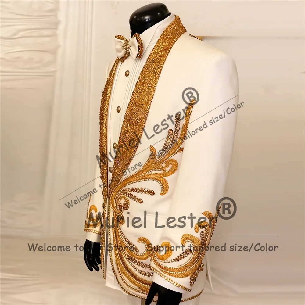 Gold Beads Crystals Suit Men Sparkly Sequined Lapel Prom Blazers Outfits Slim Fit 2 Piece Set Groom Wedding Tuxedos Customized