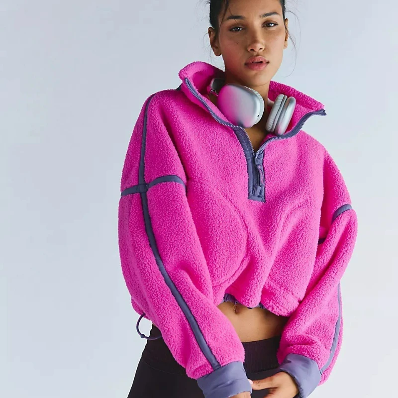 

Новая модная повседневная женская одежда 2026: осенний флисовый пуловер с цветовыми блоками, длинными рукавами, воротником-стойкой и частичной застежкой