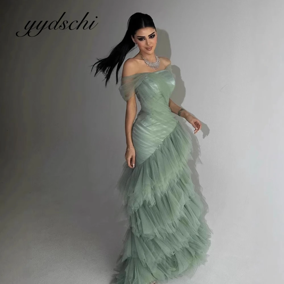 

Customized Fresh Green Off the Shoulder Evening Dresses 2025 Tiered Cocktail&Homecoming Dress Tulle Formal Occasion Party Gowns