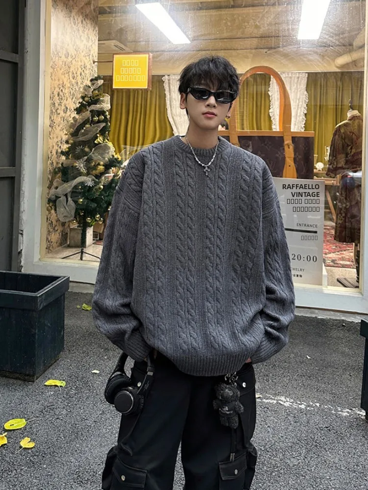 

Мужской однотонный вязаный свитер оверсайз в стиле кэжуал для осени и зимы, свободная верхняя одежда, модный брендовый высококачественный трикотаж с узором косы