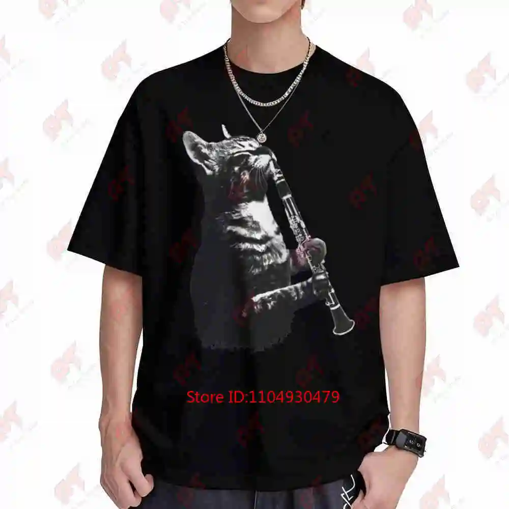 Cat Playing Clarinet Musician Woodwind Short Sleeve Tee 100% Cotton T-Shirt