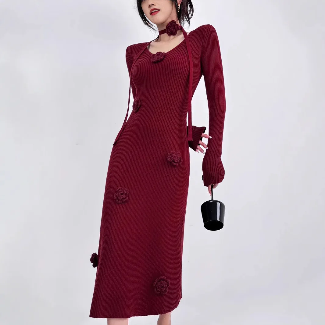 

Women Knitting Dress 2025 Autumn Winter Women's French Chic Dress V Neck 3D Flower Knit, Slim Fit Maxi Dress For Coat Layering
