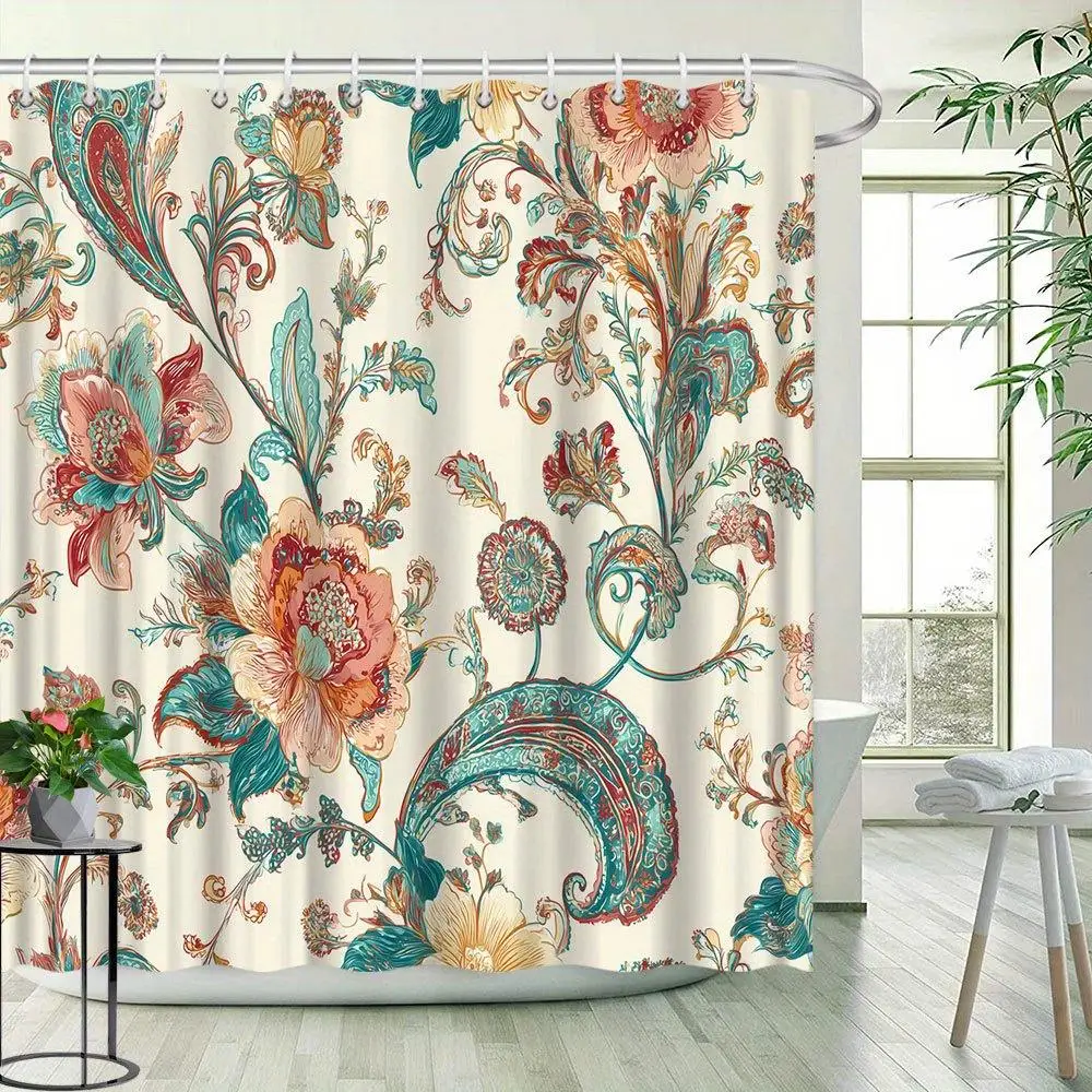 1pc Luxury Vintage Floral Shower Curtain Suitable for Bathrooms - Ornate Paisley Bath Curtain with Hooks, Adjustable Height, Mac