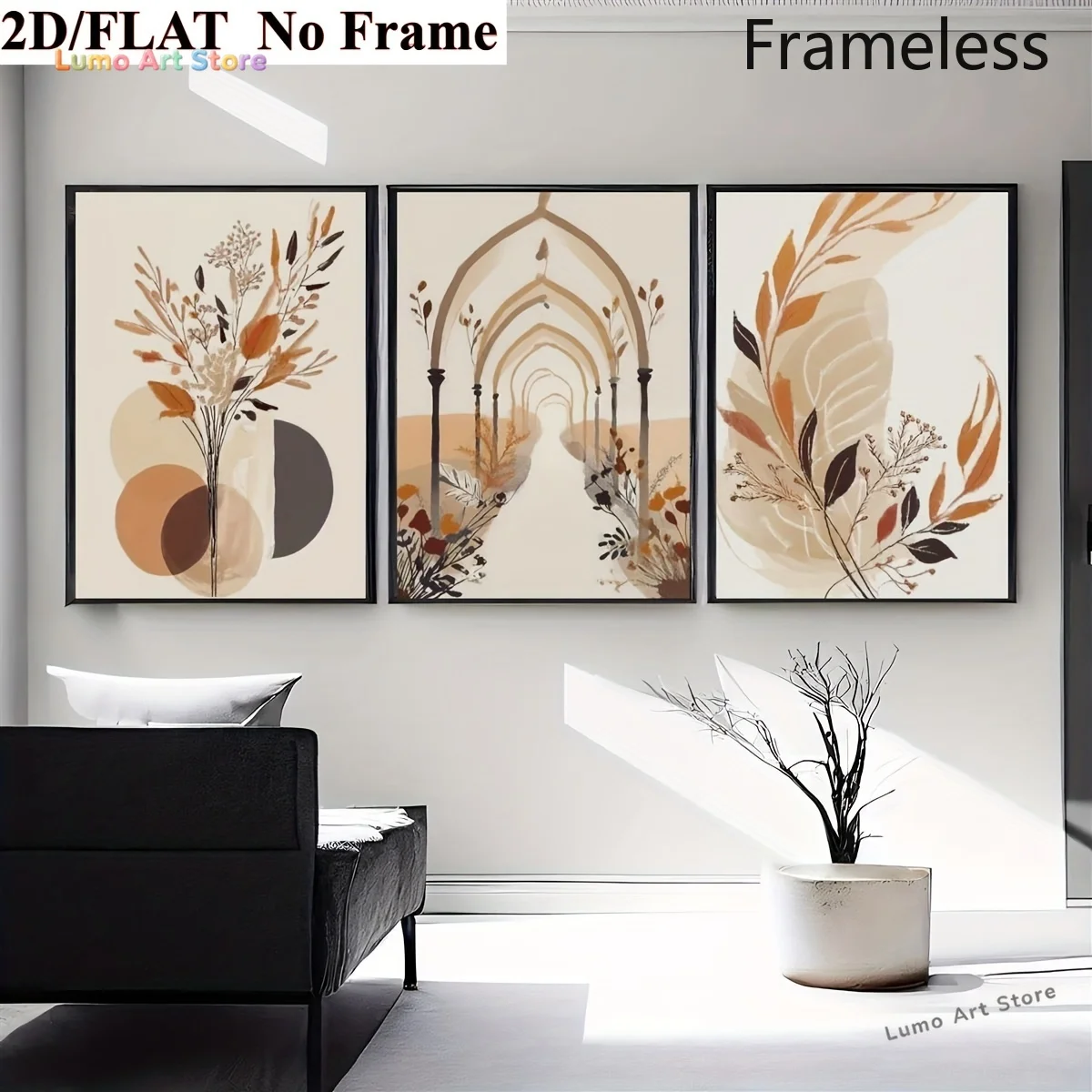 2D Flat, 2D Flat, 3pcs Set of Plant Minimalist Decorative Paintings - Modern Neutral Printing with Arch Decoration, Suitable