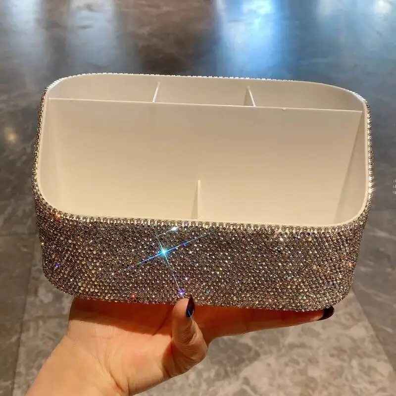 Diamond-Encrusted Desktop Cosmetics Organizer Box Multi-Compartment High Aesthetic Large Capacity Storage for Desktop Use