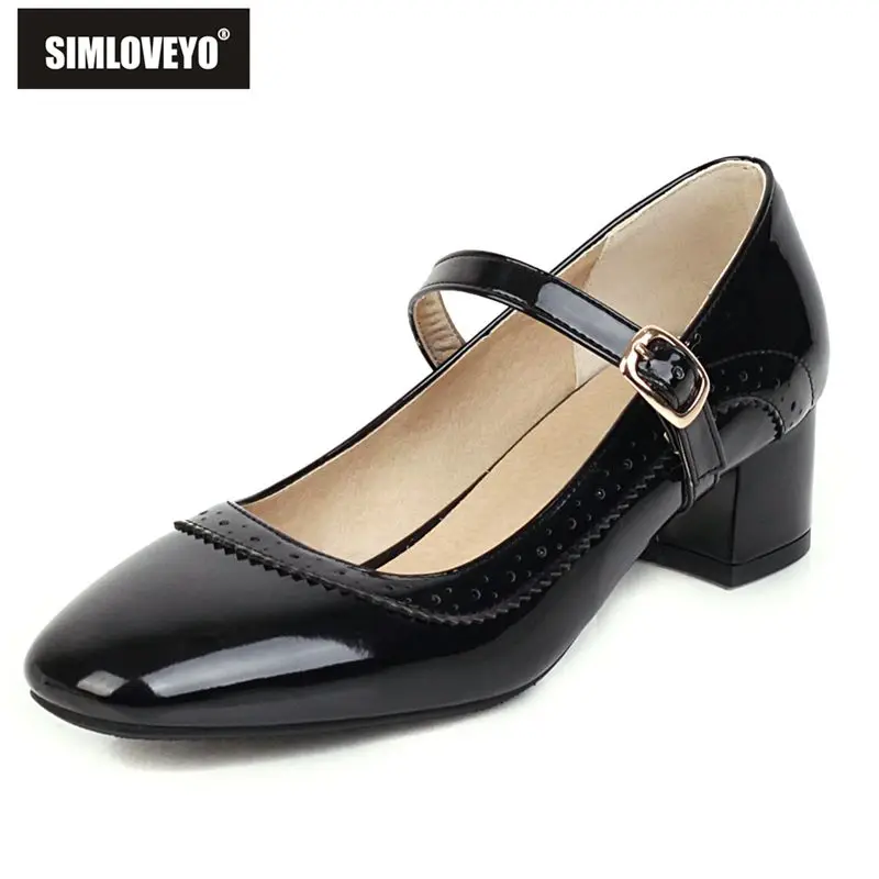 

SIMLOVEYO Brand Women Pumps Square Toe Block Heels 4.3cm Buckle Strap Breathable Large Size 46 47 48 Shiny Female Daily Shoes