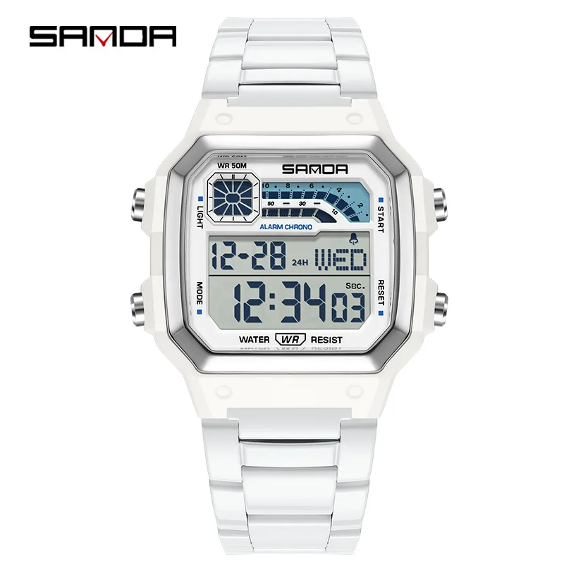 SANDA นักเรียนกีฬาอิเล็กทรอนิกส์นาฬิกาผู้ชายคลิกเดียวไฟกลางคืน + เวลาคู่ + นาฬิกาปลุก 5ATM กันน้ำนาฬิกาจับเวลาถอยหลัง