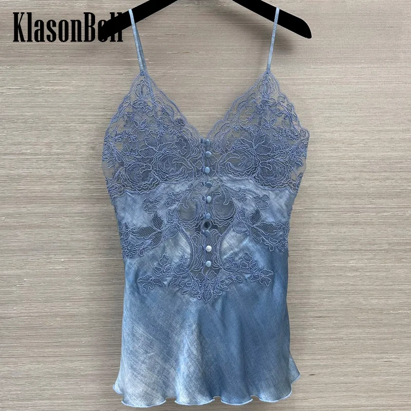 

7.25 KlasonBell Women Sexy Strapless V-Neck Suspender Button Camis Lace Embroidery Print Spliced Silk Collect Waist Tank Top