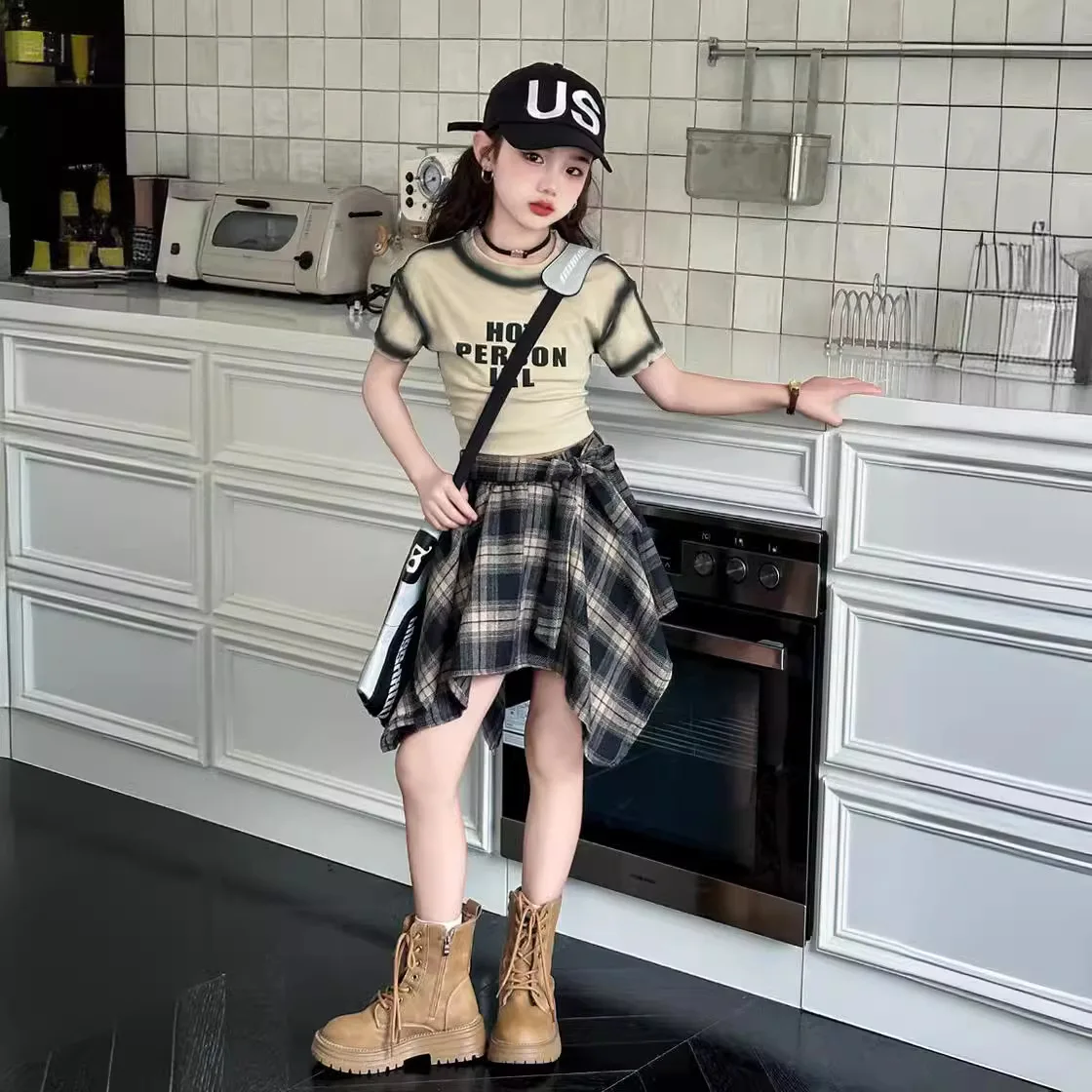 junior Girls Summer skirt Set 2024 Fashion Cotton Short t-shirt Irregular plaid Skirt Two Piece kids clothes suit child outfits