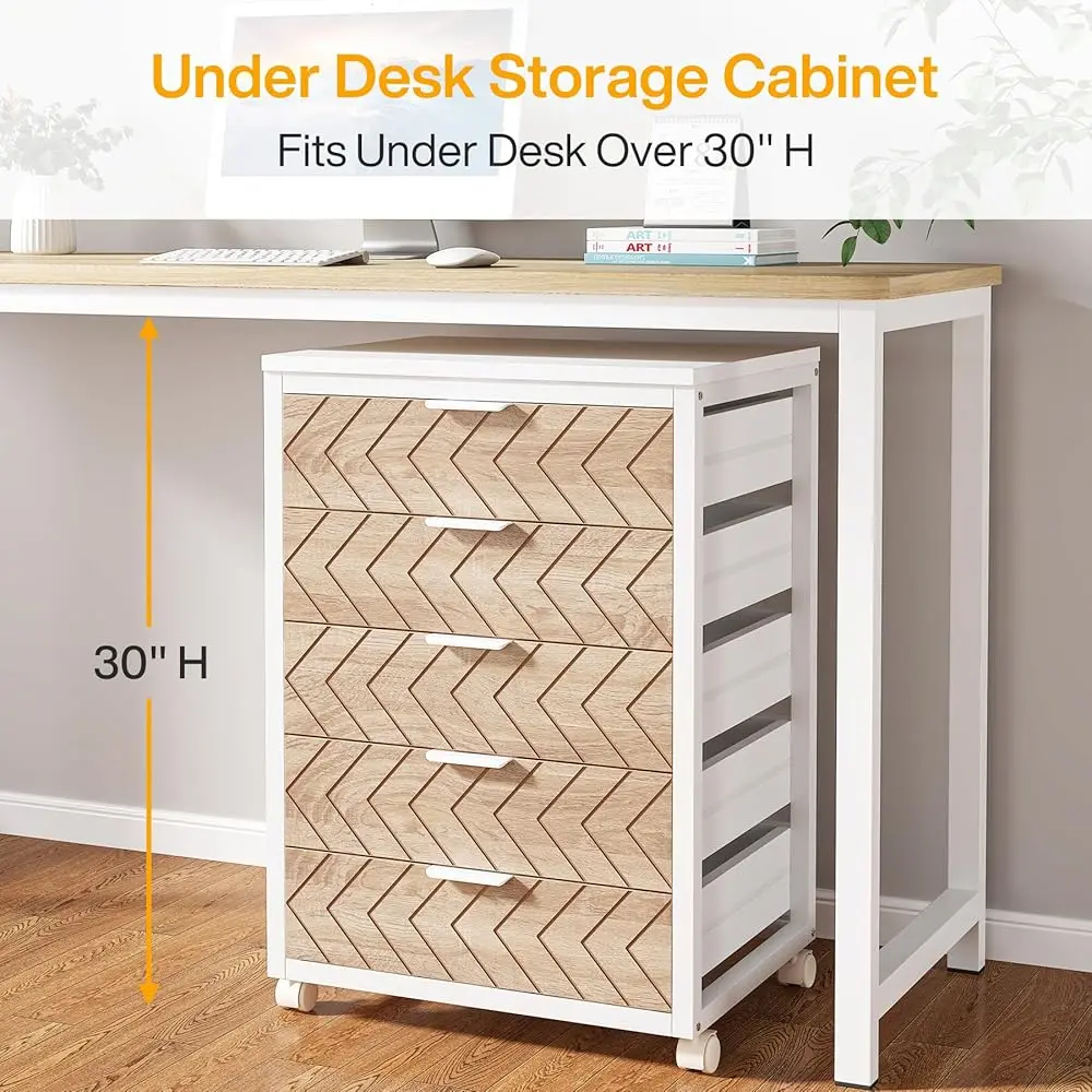 Lemari Arsip 5 Laci, Unit Laci Penyimpanan Bergerak Kayu, Kabinet Kantor Industri dengan Laci & Roda, Dudukan Printer Bergulir