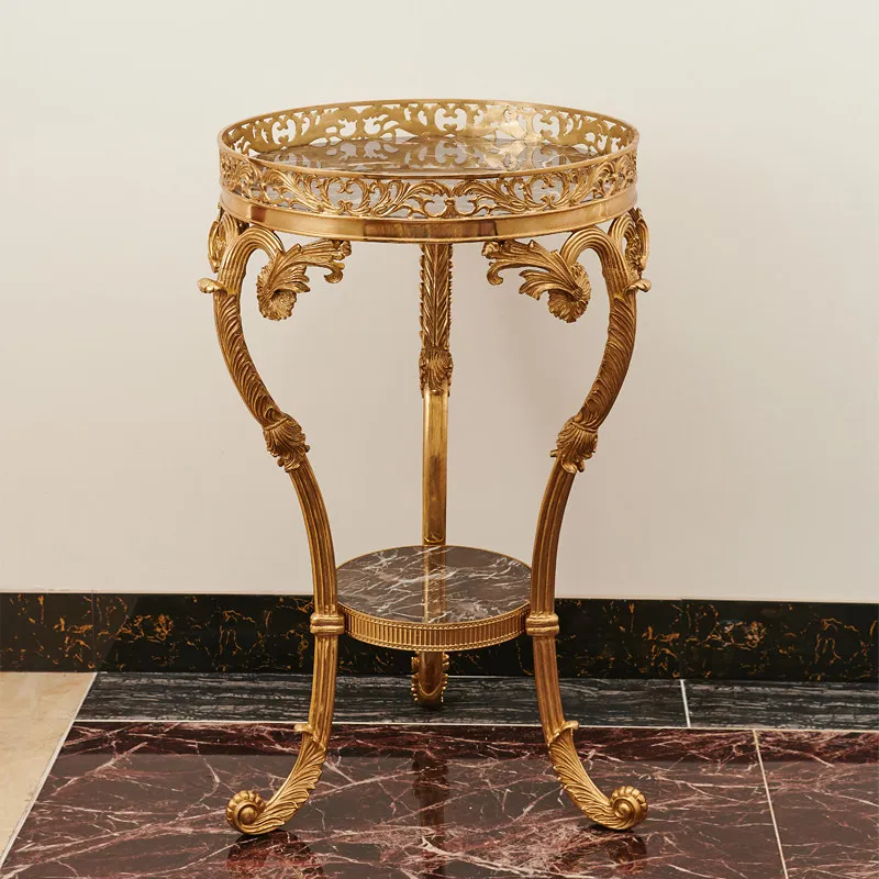 French European retro luxury villa living room foyer full copper decoration double-layer high flower stand balcony floor flower