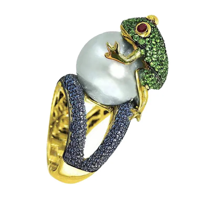 Trendy Creative Lovely Frog Animal White Simulated Pearl Female Ring For Women Party Jewelry Accessories Size 6- 10