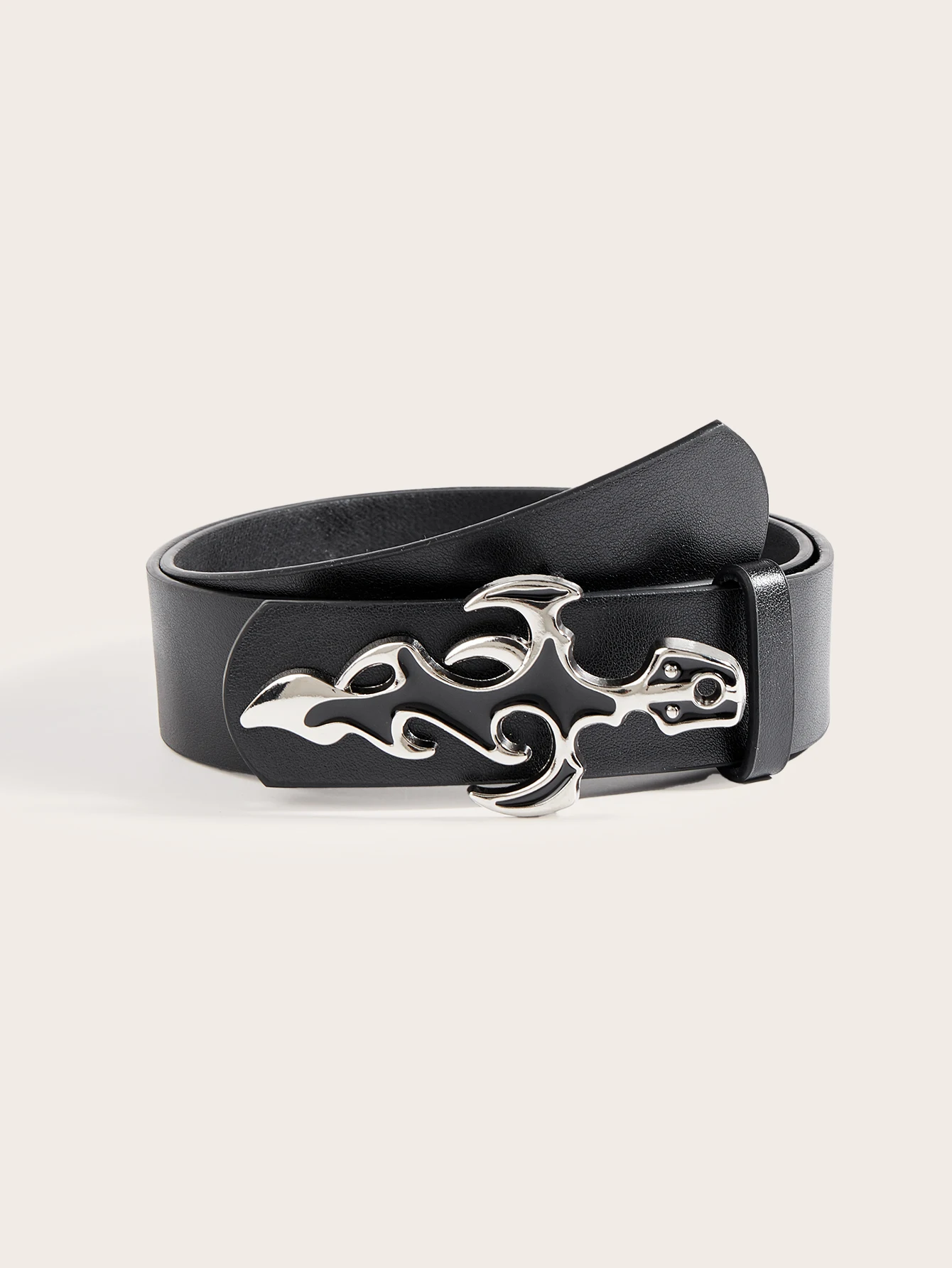 1pc Women Y2K Punk Belt Black PU Leather Waist Belt With Silver Flame Buckle For Jeans Skirt Streetwear