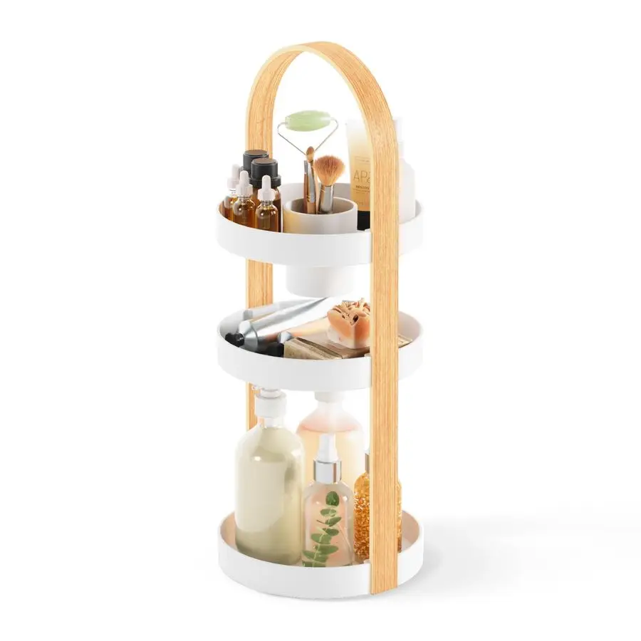 

Bellwood Caddy, Organizer for Makeup and Cosmetics, Durable Rotating Container with Wooden Handle, Large, White Natural