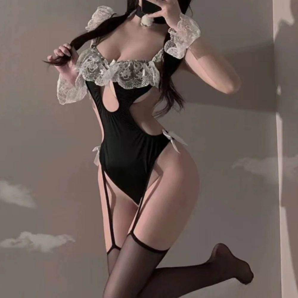 セクシーなコスプレランジェリーメイド新しいロリータアニメ制服ポルノオープンブラエロティックコスチューム女子高生長袖ラウンドネックベビードール