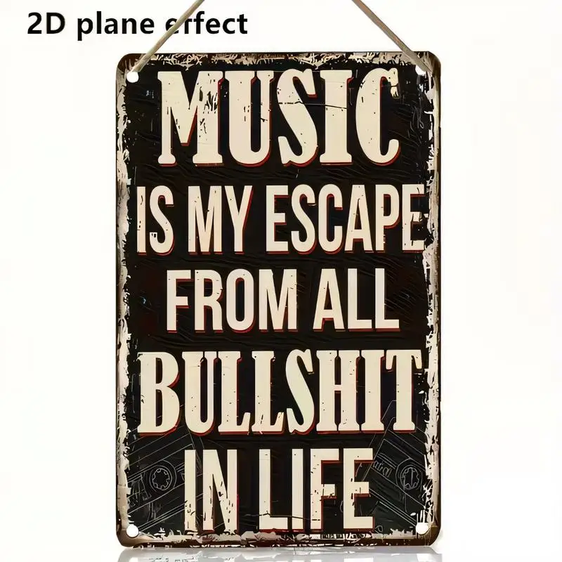 2D Flat Music Is My Escape Vintage Metal Tin Sign - Retro Distressed Black Iron Wall Art with Music/Tape Motif, for Room, Music