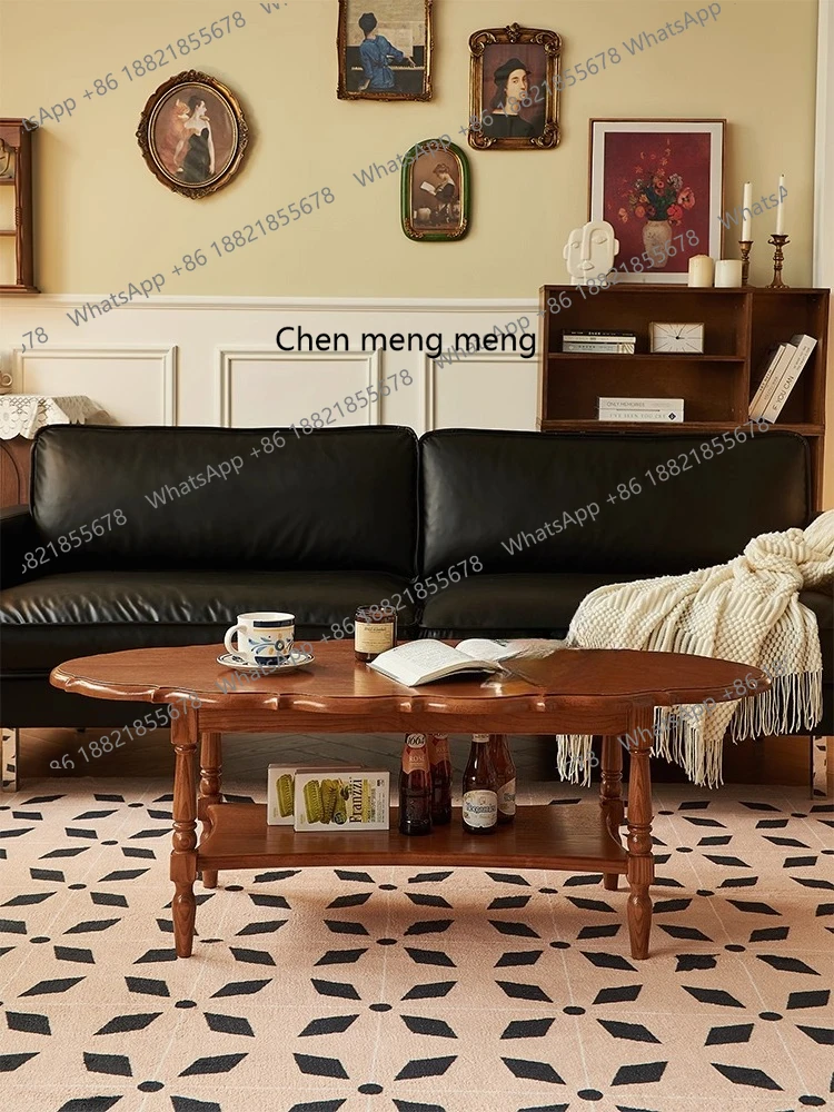 

French retro solid wood double-layer coffee table small apartment living room high-end art petal low table